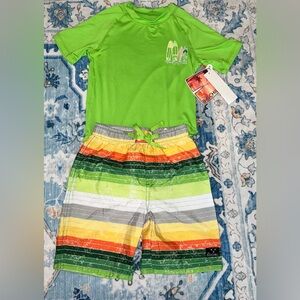 Big Chill Lime Green Surf Tee with Multicolor Striped Board Shorts (NWT)